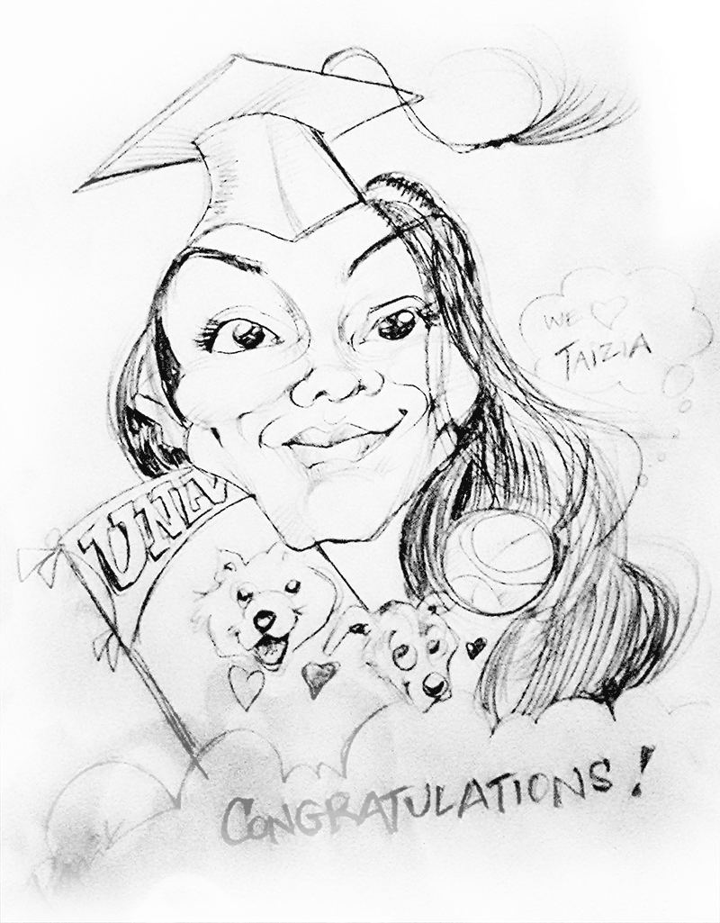 Pet portrait drawn as a graduation gift, a caricature drawn by Atlanta artist Patrick Trujillo